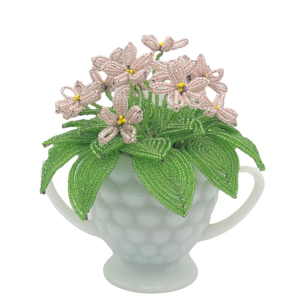 Vintage Handmade French Glass Beaded Flower Bouquet Milk Glass Vase Country Core
